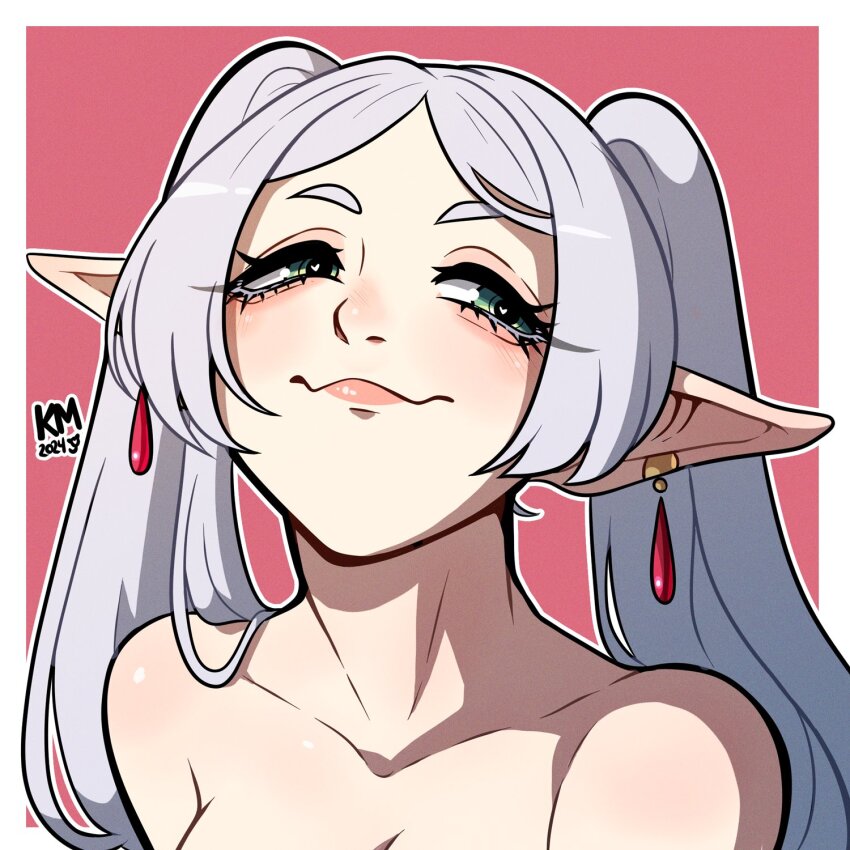 1girl blush border collarbone earrings elf frieren grey_hair heart heart-shaped_pupils highres jewelry kinkymation out-of-frame_censoring parted_bangs pointy_ears portrait red_background smile smug solo sousou_no_frieren symbol-shaped_pupils teardrop_earrings topless_female topless_frame twintails upper_body white_border