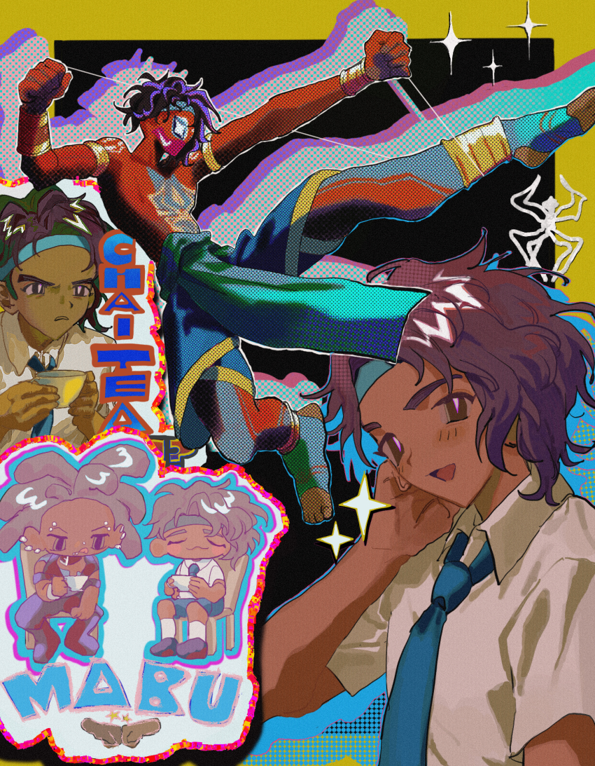2boys bodysuit brown_eyes brown_hair commentary_request dark-skinned_male dark_skin flying_kick headband highres hobie_brown kicking looking_at_viewer male_focus marvel multiple_boys multiple_views pavitr_prabhakar school_uniform shirt short_hair silk spider-man spider-man:_across_the_spider-verse spider-man_(series) spider-verse spider_web superhero_costume tami_tome_mo