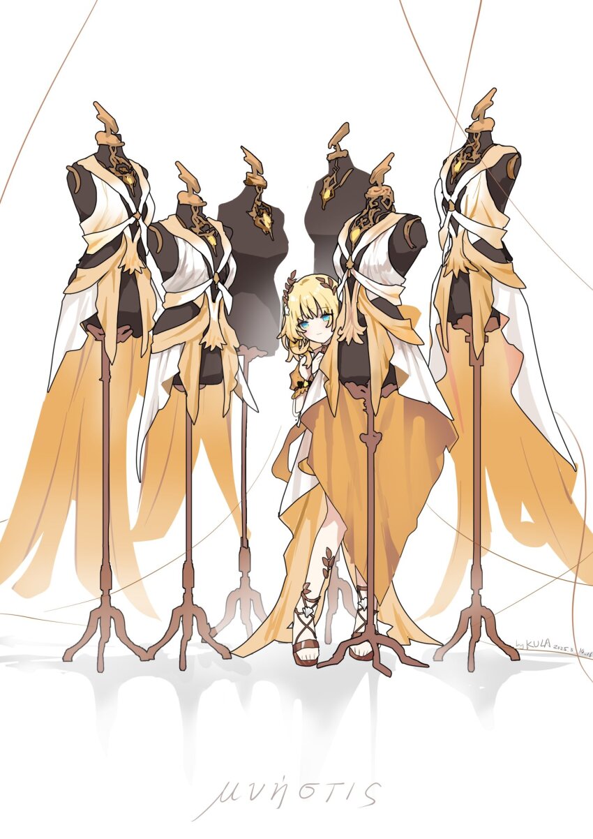 1girl aged_down aglaea_(honkai:_star_rail) artist_name blonde_hair commentary_request dress frown green_eyes hiding highres honkai:_star_rail honkai_(series) kkkula_(kula) laurel_crown looking_at_viewer mannequin peeking_out sandals short_hair simple_background solo thread tiptoes white_background white_dress