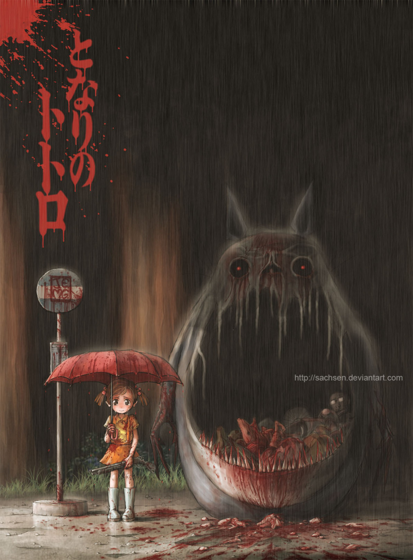 1girl bandaid blood boots bus_stop creepy glasses gun guro highres horror_(theme) j-e-m-g md5_mismatch parody rain resized resolution_mismatch rubber_boots sawed-off_shotgun shotgun sign source_smaller studio_ghibli tears tonari_no_totoro totoro totoro_bus_stop twintails umbrella upscaled watermark weapon
