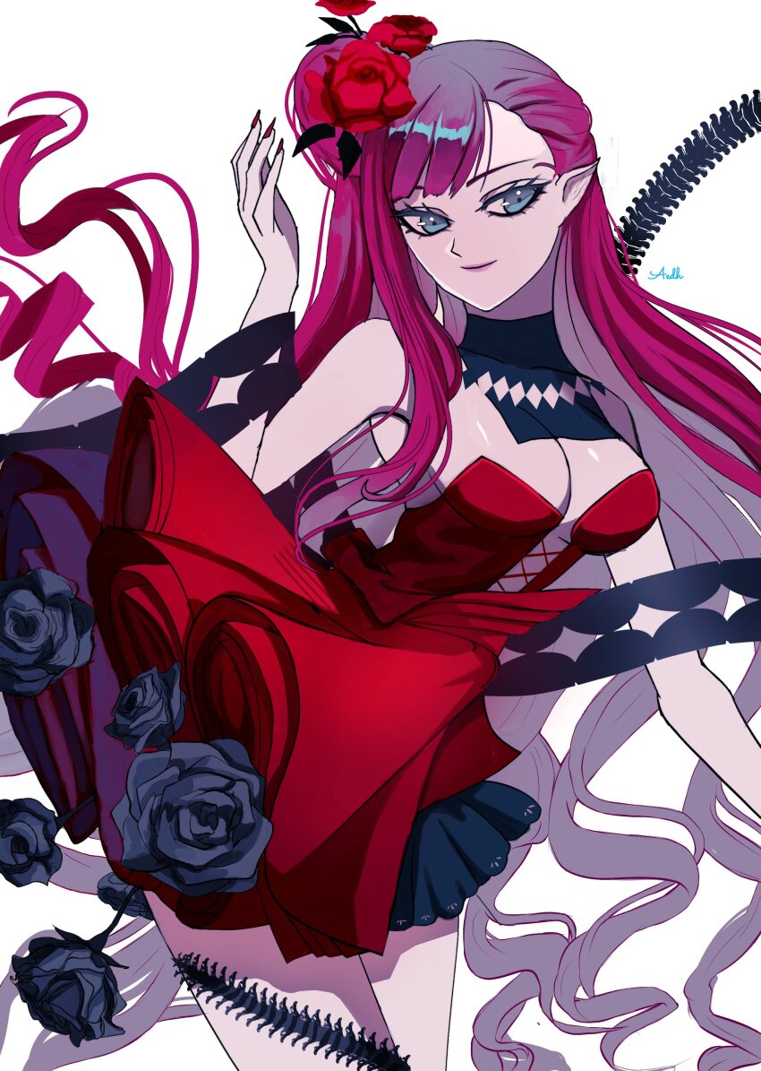 1girl absurdres aedh076 baobhan_sith_(fate) baobhan_sith_(fgo_fes._2025)_(fate) breasts detached_collar dress fate/grand_order fate_(series) flower grey_eyes hair_bun hair_flower hair_ornament hand_up highres long_hair pink_hair pointy_ears red_dress smile solo white_flower