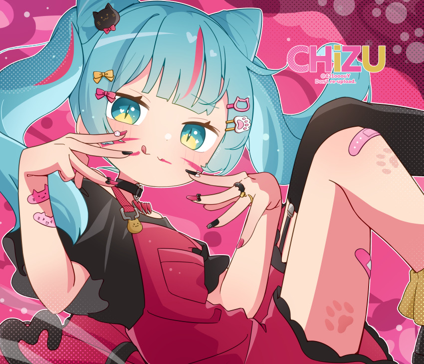 1girl 421ooouy absurdres animal_(vocaloid) artist_name bandaid bandaid_on_arm bandaid_on_leg black_dress black_shirt blue_eyes blue_hair blunt_bangs cat_hair_ornament choker cone_hair_bun dress facial_mark fake_nails garter_straps hair_bun hair_ornament hairclip hatsune_miku heart highres jewelry long_hair looking_at_viewer multicolored_hair nail_polish off_shoulder overall_skirt overalls paw_print_tattoo red_overalls shirt single_thighhigh solo streaked_hair tail thighhighs tongue tongue_out twintails vocaloid watermark