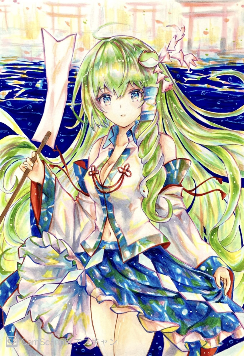 1girl absurdres ahoge bare_shoulders blue_eyes blue_skirt breasts cleavage collared_shirt detached_sleeves double-parted_bangs facing_viewer frog_hair_ornament gohei green_hair hair_ornament hair_tubes highres holding holding_gohei kazu kochiya_sanae large_breasts long_hair long_sleeves looking_at_viewer midriff navel patterned_clothing petticoat print_skirt shide shirt single_hair_tube single_sidelock skirt skirt_set sleeve_bow sleeveless sleeveless_shirt snake_hair_ornament solo torii touhou traditional_media very_long_hair water watermark wide_sleeves wing_collar