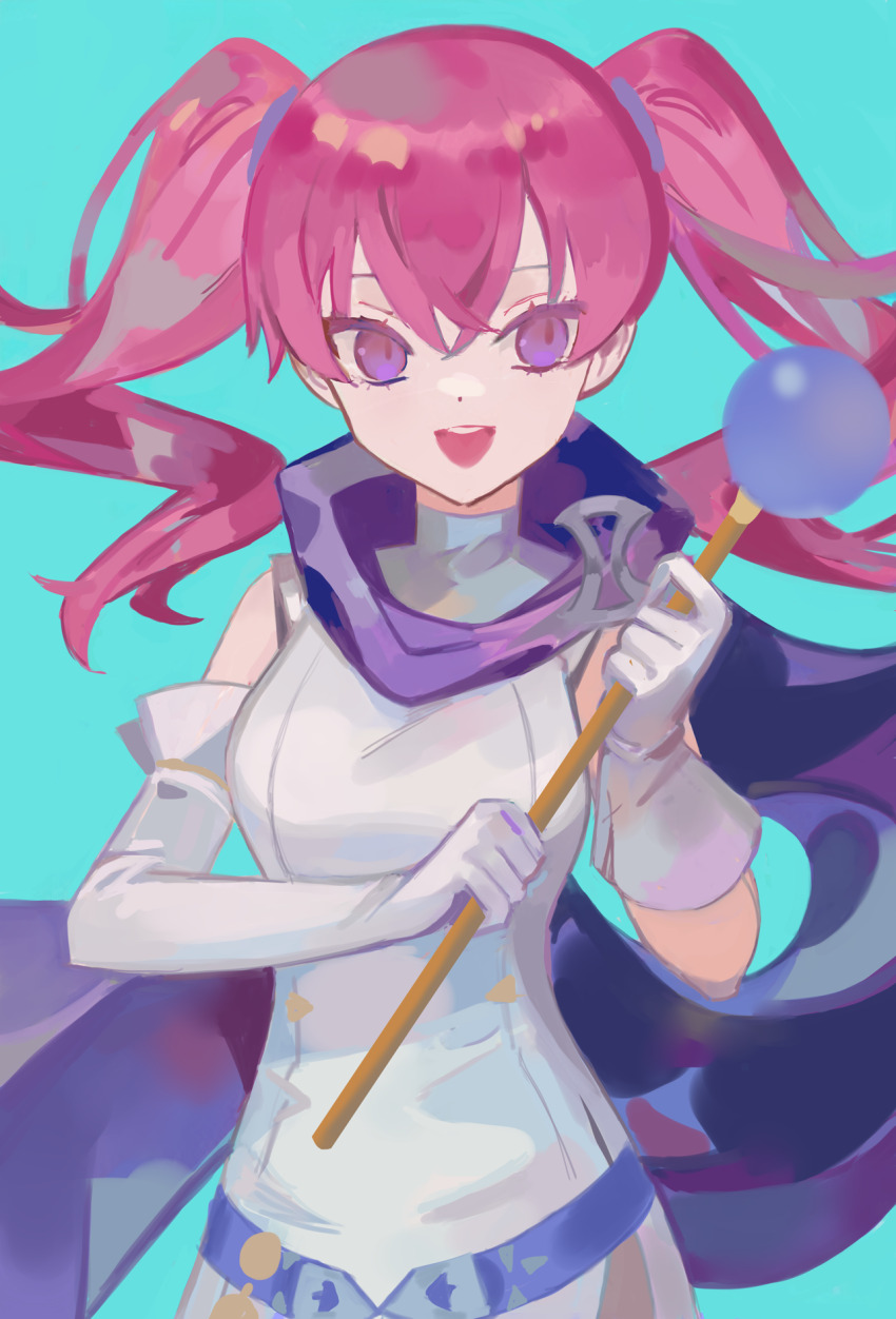 1girl blue_background cape dress elbow_gloves fire_emblem fire_emblem:_the_blazing_blade gloves highres holding holding_staff long_hair nintendo open_mouth pink_hair purple_cape ruuu_ran_ran serra_(fire_emblem) simple_background smile staff twintails white_dress white_gloves