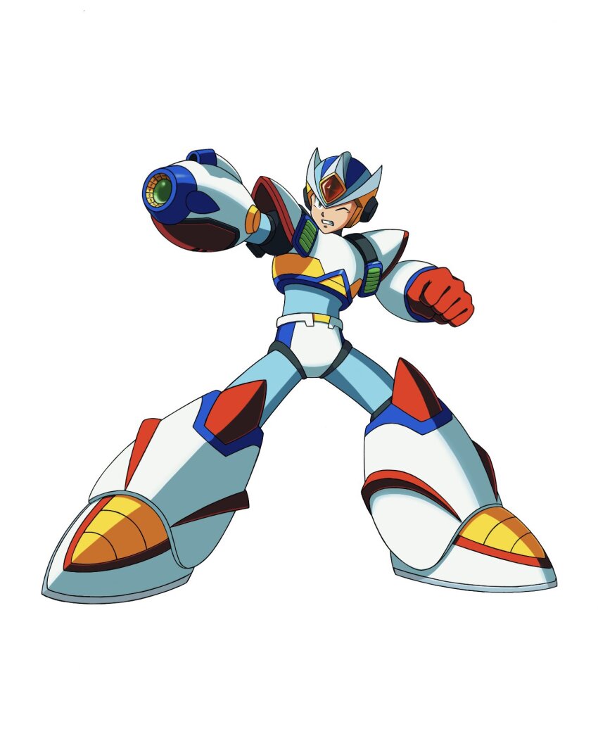 1boy aiming android arm_cannon armor clenched_hand clenched_teeth forehead_jewel full_body gloves green_eyes helmet highres jewelry male_focus mega_man_(series) mega_man_x2 mega_man_x_(series) mega_man_xtreme_2 official_style one_eye_closed red_gloves robot second_armor_x_(mega_man) sensei_haruki_suetsugu_(style) shoulder_armor simple_background solo sprinqgueen standing teeth weapon white_armor white_background white_helmet x_(mega_man)