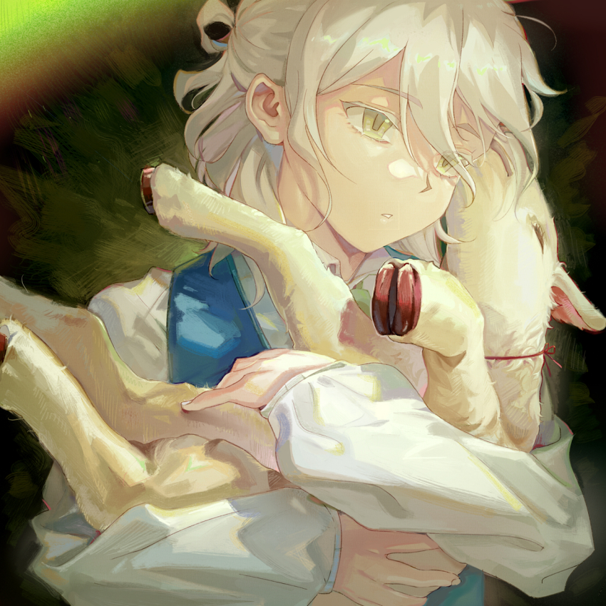 1178801032 1boy aged_down ai_the_somnium_files animal baby_animal blonde_hair child collared_shirt colored_eyelashes expressionless green_eyes green_necktie highres holding holding_animal hooves lamb male_focus medium_hair necktie ponytail red_ribbon ribbon sejima_saito sheep shirt short_ponytail simple_background solo vest waistcoat