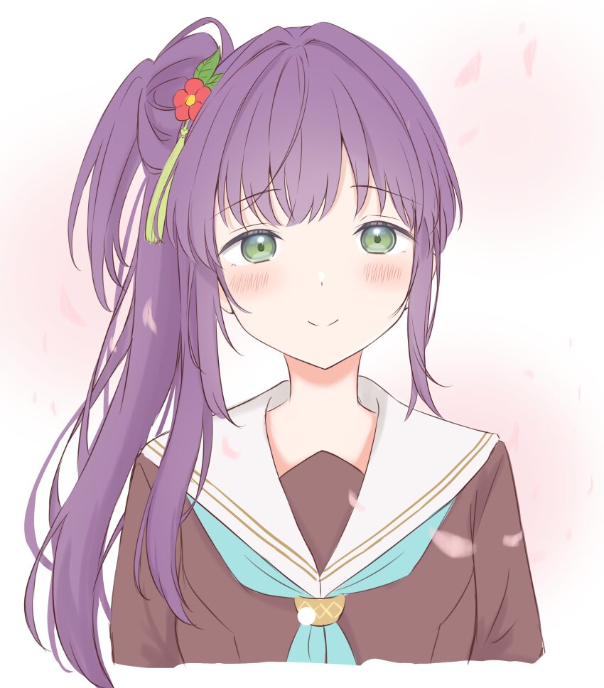 1girl absurdres aqua_neckerchief blush brown_dress closed_mouth commentary_request cropped_torso dress flower green_eyes hair_bun hair_flower hair_ornament hasu_no_sora_school_uniform highres iroha_(nami3) link!_like!_love_live! long_hair long_sleeves looking_at_viewer love_live! neckerchief otomune_kozue pink_background purple_hair red_flower sailor_collar sailor_dress school_uniform side_ponytail sidelocks simple_background single_side_bun smile solo split_mouth tassel tassel_hair_ornament virtual_youtuber white_sailor_collar winter_uniform