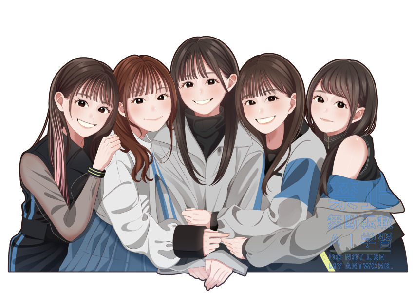 5girls absurdres aoki_hina bang_dream! bang_dream!_it&#039;s_mygo!!!!! black_eyes black_hair black_shirt blue_skirt blush brown_hair chihaya_anon closed_mouth commentary elu_pom flower_stand_art grey_jacket hayashi_coco highres jacket kaname_raana kohinata_mika long_hair long_sleeves looking_at_viewer multicolored_hair multiple_girls mygo!!!!!_(bang_dream!) nagasaki_soyo off_shoulder open_mouth pink_hair see-through_clothes see-through_sleeves shiina_taki shirt simple_background skirt sleeveless sleeveless_shirt smile streaked_hair takamatsu_tomori tateishi_rin voice_actor voice_actor_connection white_background white_shirt youmiya_hina