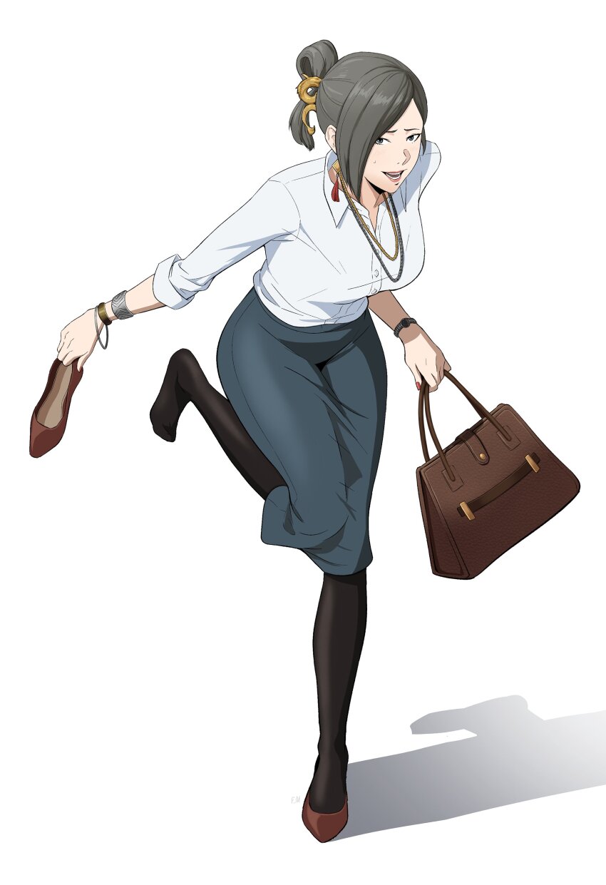1girl absurdres bag black_pantyhose blue_skirt collared_shirt commentary earrings english_commentary francisco_mon grey_eyes grey_hair hair_bun handbag highres jewelry necklace office_lady old original pantyhose shirt short_hair simple_background skirt slippers solo watch white_background white_shirt bracelet wristwatch
