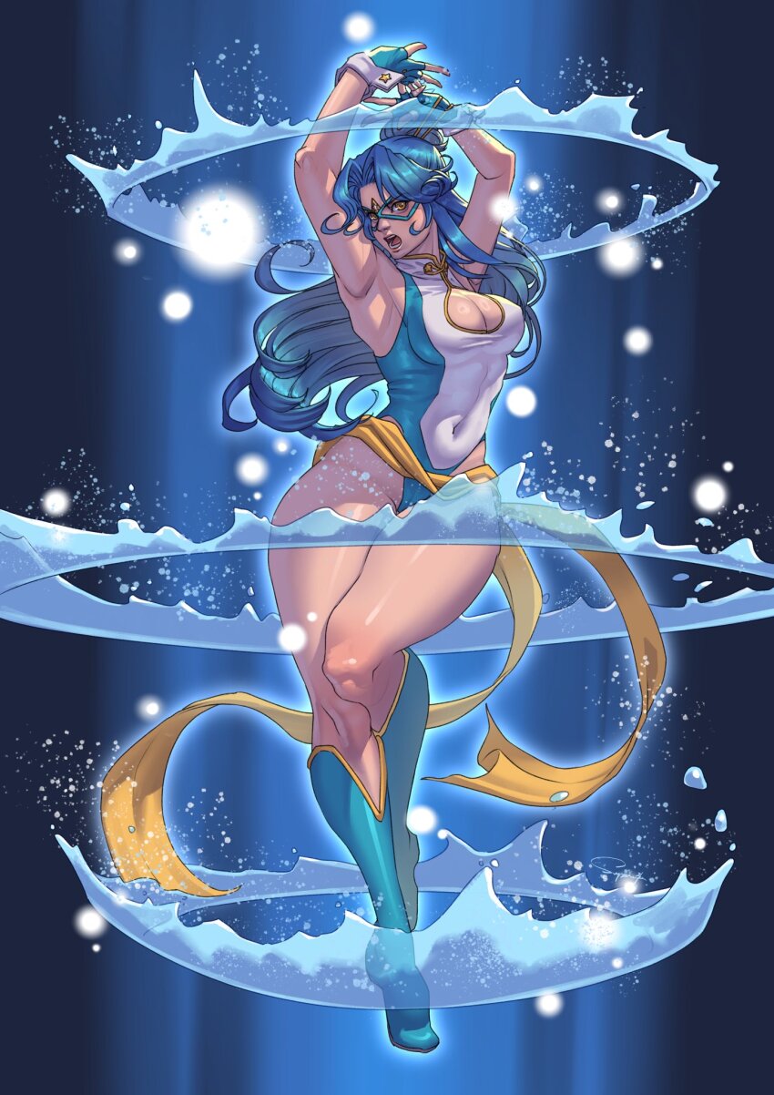 armpits bare_hips blue_footwear blue_gloves blue_leotard covered_navel domino_mask eye_mask gloves gold_bow highres kamen_america_(comic) kamen_ramen leotard made_in_2024 mask multicolored_leotard navel superbull superhero_costume two-tone_leotard white_leotard yellow_eyes