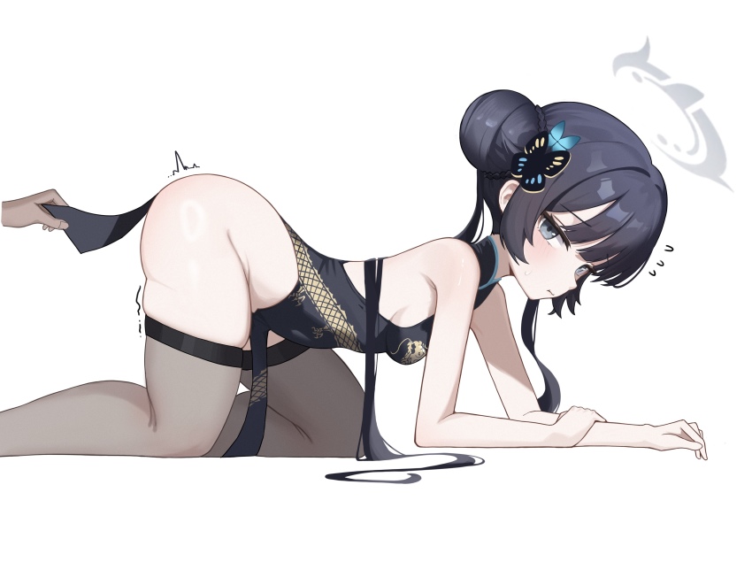 1girl 1other :t absurdres adapted_costume all_fours armpit_crease ass bare_arms bare_shoulders black_dress black_hair blue_archive blunt_bangs blush braid breasts brown_thighhighs bun_with_braided_base butterfly_hair_ornament china_dress chinese_clothes closed_mouth clothes_lift commentary dragon_print dress dress_lift eyelashes feet_out_of_frame flying_sweatdrops from_side grey_eyes grey_halo hair_bun hair_ornament hair_spread_out halo highres kisaki_(blue_archive) lifting_another&#039;s_clothes loli long_hair looking_at_viewer no_panties pelvic_curtain pout print_dress sideboob sidelocks simple_background skindentation sleeveless sleeveless_dress small_breasts thighhighs thighs twintails twitching very_long_hair white_background xiaoxiaoyifan