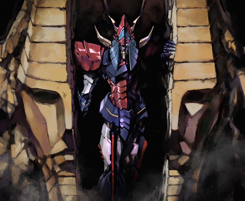 absurdres box_art glowing glowing_eye green_eyes highres looking_at_viewer mecha no_humans official_art raideen_(mecha) raideen_(series) robot sarcophagus science_fiction shimizu_eiichi shimoguchi_tomohiro super_robot yuusha_raideen