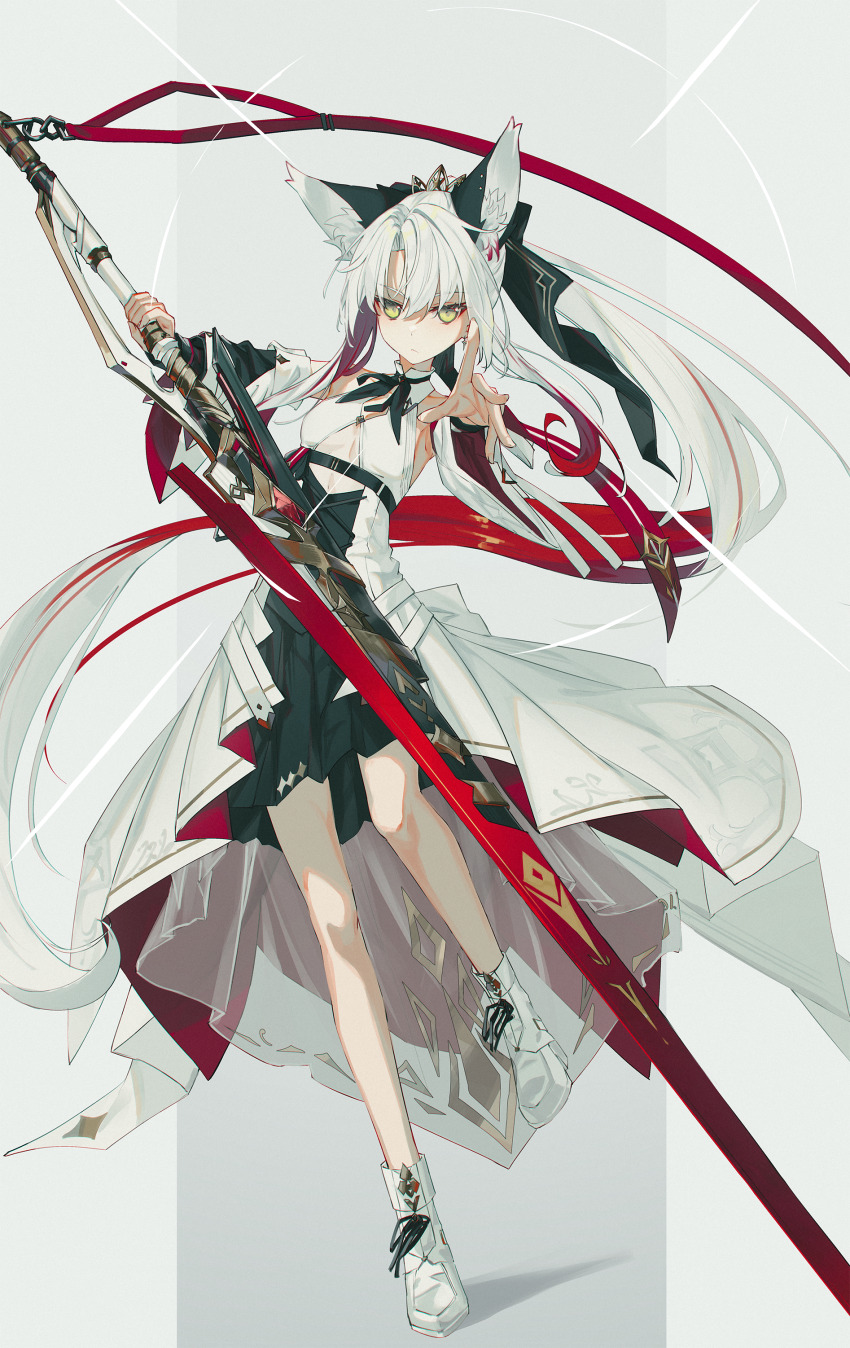 1girl absurdres animal_ear_fluff animal_ears black_hair black_skirt boots bow bowtie collar colored_inner_hair curtained_hair detached_sleeves extra_ears fox_ears fox_girl fox_tail full_body grey_background hair_between_eyes hair_ribbon highres holding holding_sword holding_weapon layered_skirt long_hair long_sleeves looking_at_viewer multicolored_hair nagishiro_mito original overskirt parted_bangs platform_boots pleated_skirt ponytail red_hair ribbon sidelocks simple_background skirt solo sword tail tiara two-tone_background very_long_hair weapon white_background white_boots white_hair white_overskirt wide_sleeves yellow_eyes