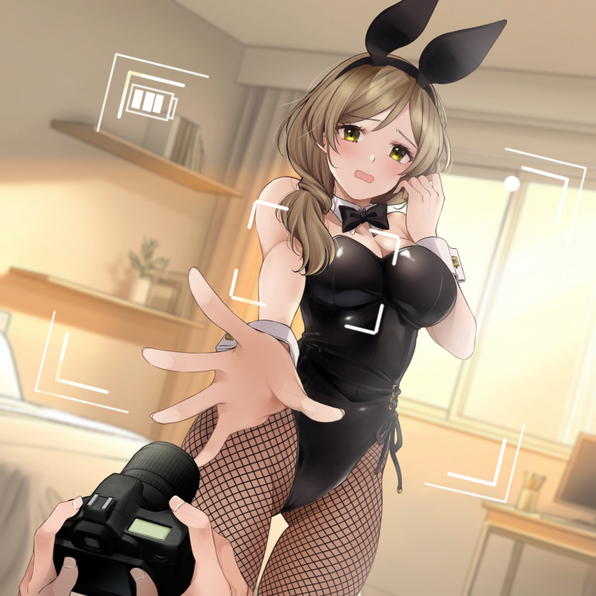 1boy 1girl animal_ear_hairband animal_ears battery_indicator black_bow black_bowtie black_leotard bow bowtie breasts brown_hair cleavage detached_collar fake_animal_ears fake_photograph fishnet_pantyhose fishnets hair_over_one_eye hairband highres indoors large_breasts leotard original pantyhose playboy_bunny rabbit_ears rabbit_tail side-tie_leotard solo_focus strapless strapless_leotard tail taking_picture viewfinder wrist_cuffs yellow_eyes yoshii_yumi