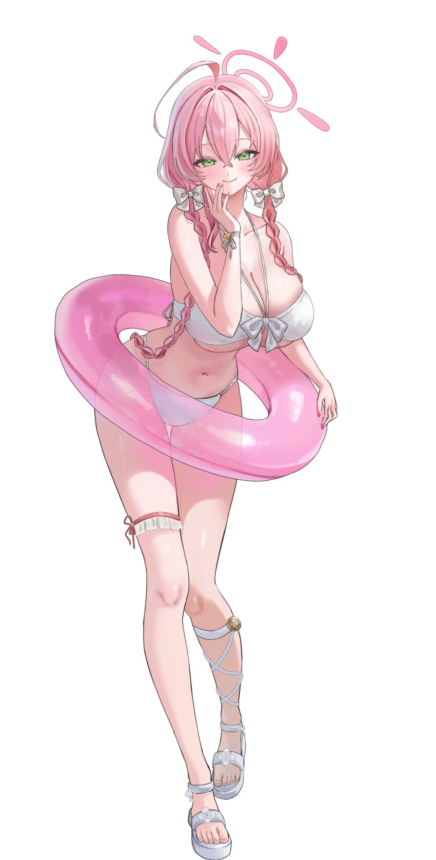 1girl absurdres ahoge bikini blue_archive blush bow braid breasts collarbone green_eyes halo hanako_(blue_archive) highres huge_breasts innertube long_hair looking_at_viewer navel pink_hair pink_halo pink_innertube pink_nails simple_background solo swim_ring swimsuit thigh_strap twin_braids white_background white_bow yamu_(yamu_030)