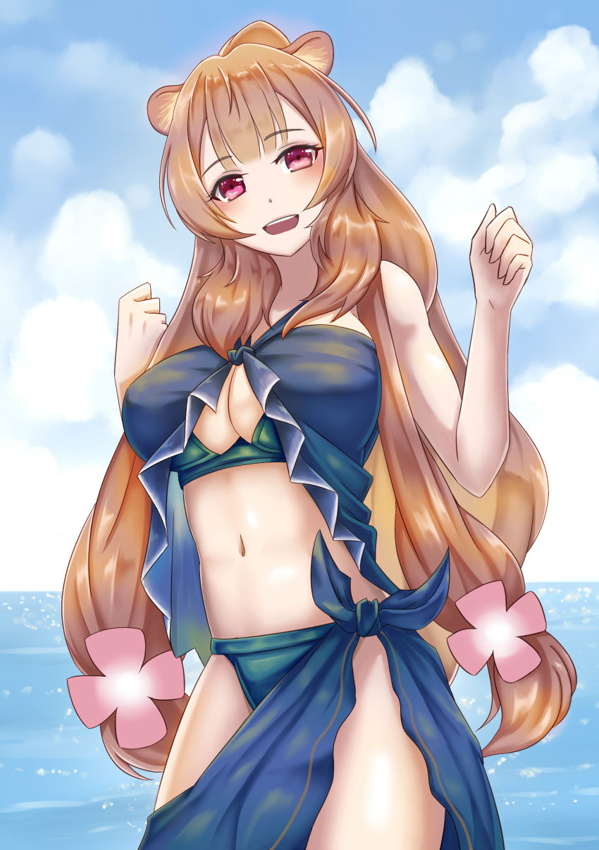1girl absurdres animal_ears bare_shoulders bikini blue_bikini blue_sky blush breasts brown_hair cleavage cloud cowboy_shot day der_zweite female_focus frills highres large_breasts looking_at_viewer navel ocean open_mouth ponytail purple_eyes raccoon_ears raccoon_girl raccoon_tail raphtalia sarong sky smile solo swimsuit tail tate_no_yuusha_no_nariagari
