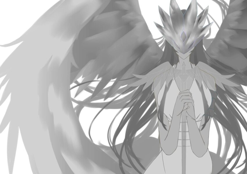1girl breasts digimon digimon_xros_wars female_focus goddess_(digimon_xros_wars) long_hair mask medium_breasts monochrome solo wings