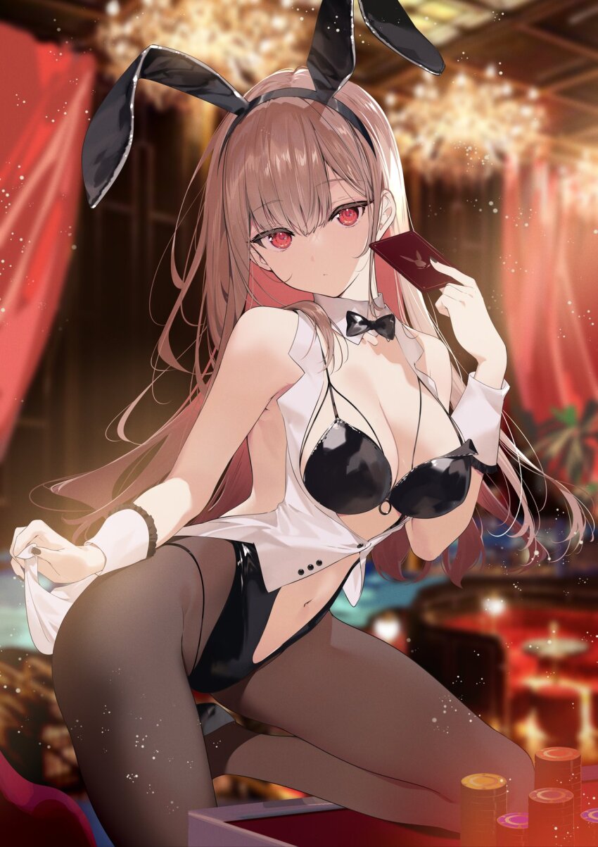 1girl animal_ears bare_shoulders black_hairband black_leotard blurry blurry_background bow bowtie breasts brown_hair brown_pantyhose card center_opening cleavage colored_inner_hair commentary expressionless fake_animal_ears hairband hand_up highleg highleg_leotard highres holding holding_card indoors leotard long_hair looking_at_viewer medium_breasts multicolored_hair nail_polish navel necomi original pantyhose pink_hair playboy_bunny rabbit_ears red_eyes sideless_leotard solo spaghetti_strap stomach two-tone_hair vest white_vest wrist_cuffs