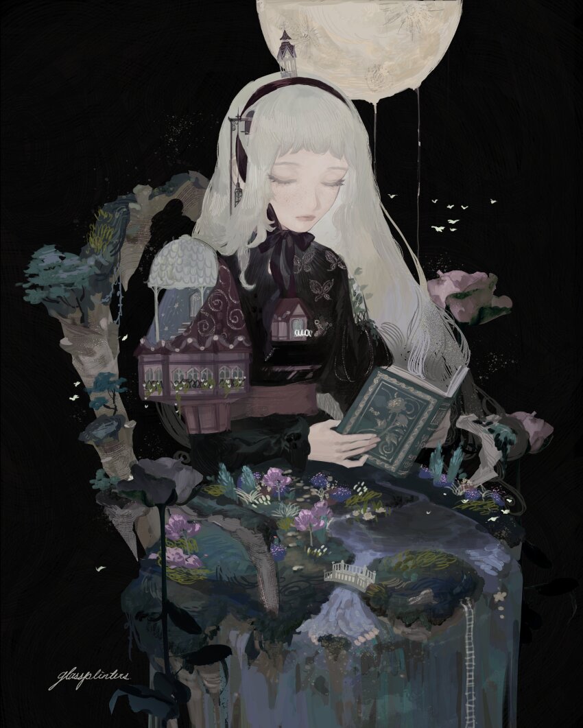 1girl absurdres bird black_background black_dress black_hairband book bridge clock closed_eyes closed_mouth cuckoo_clock cursive dress flower gazebo goth_fashion hairband highres holding holding_book ladder long_hair long_sleeves mjaa_(glassplinters) moon original rose signature solo tree white_hair