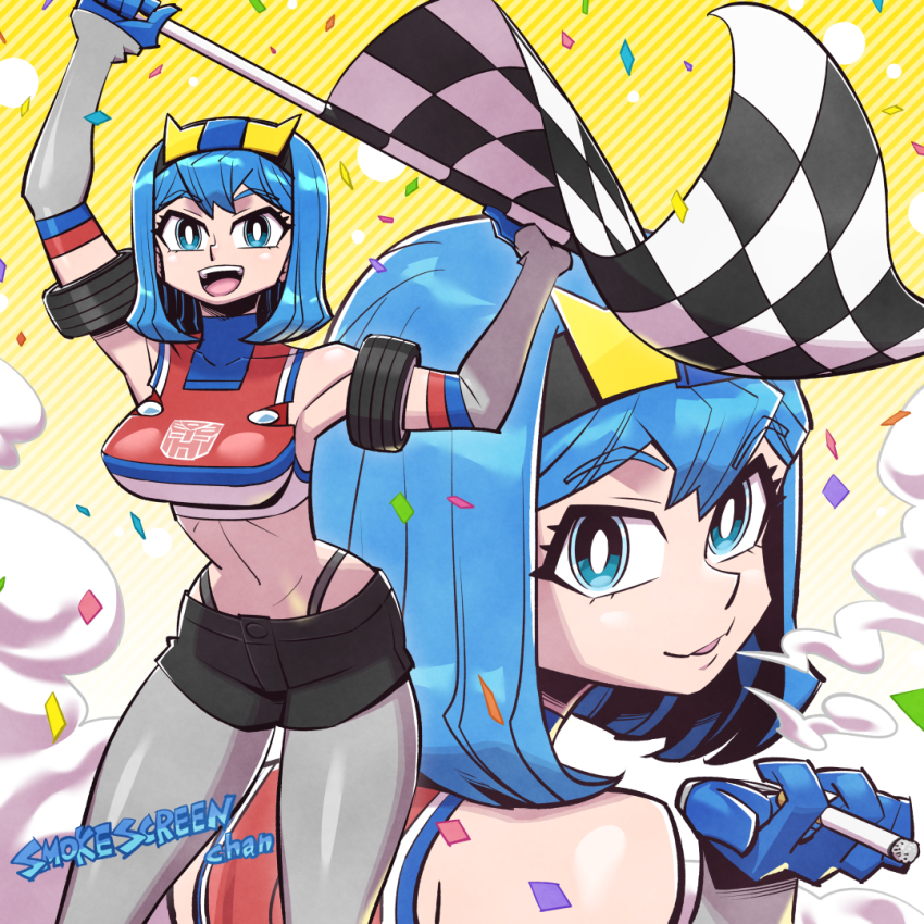 1girl autobot black_shorts blue_eyes blue_hair breasts checkered_flag cigarette crop_top flag genderswap genderswap_(mtf) grey_pantyhose holding holding_cigarette holding_flag humanization medium_breasts midriff navel open_mouth pantyhose parted_lips race_queen shorts smile smokescreen_(transformers) smoking sunafuki_tabito transformers