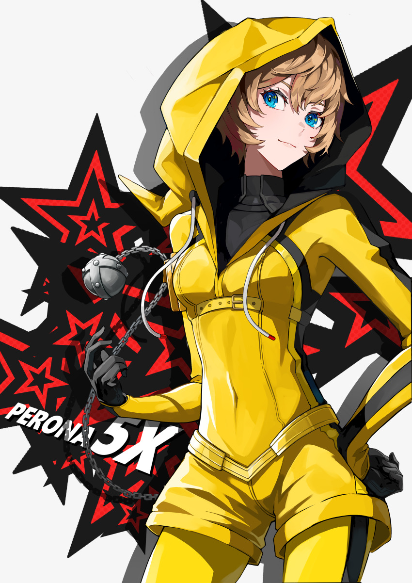1girl absurdres arai_motoha black_gloves blue_eyes bodysuit bodysuit_under_clothes brown_hair chain closed_mouth commentary_request copyright_name covered_navel gloves hair_between_eyes hand_on_own_hip highres holding holding_weapon hood hood_up hooded_bodysuit lips long_sleeves looking_at_viewer persona persona_5 persona_5:_the_phantom_x pink_lips short_hair shorts simple_background smile solo weapon white_background yellow_bodysuit yellow_shorts yoiyoivesper
