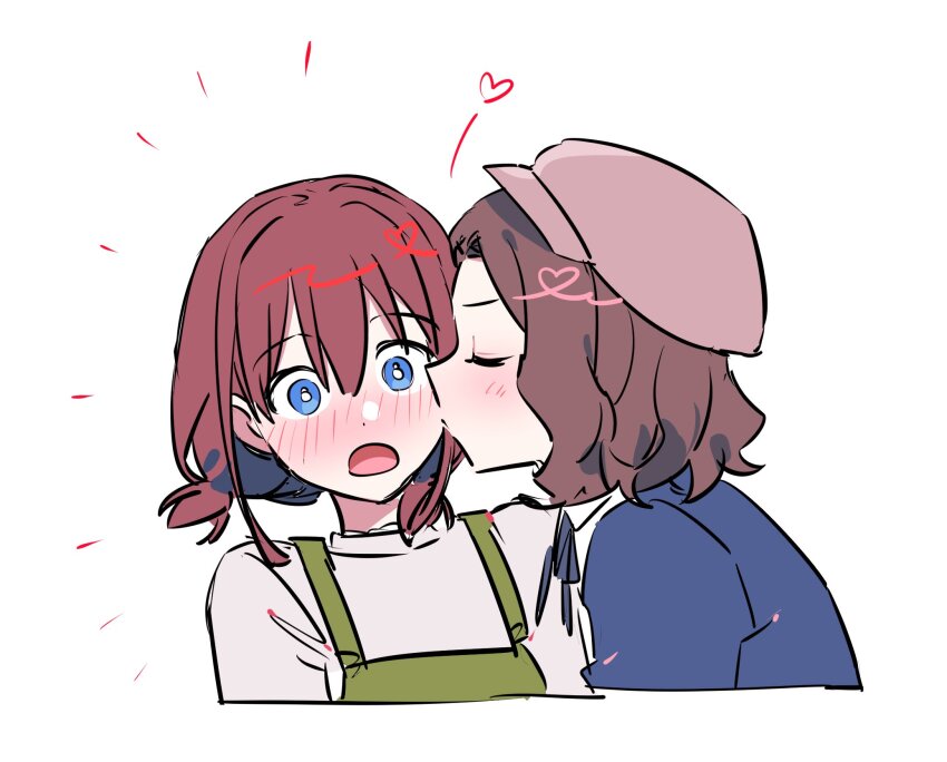 2girls blue_eyes blue_shirt blush brown_hair closed_eyes commentary_request ebizuka_tomo girls_band_cry green_overalls grey_shirt habsida_(habsida_hpy) hat heart highres iseri_nina kiss kissing_cheek korean_commentary medium_hair multiple_girls open_mouth overalls pink_hat red_hair shirt short_hair simple_background white_background yuri