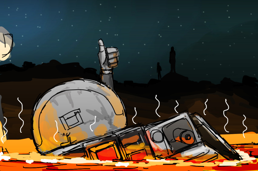 1girl android bmpt_terminator hans_(pixiv_37537768) lava melting military_vehicle original parody robot_girl scene_reference sinking solo terminator_(series) terminator_2:_judgment_day thumbs_up