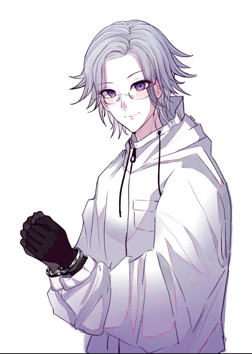 1boy aotsuki_eito black_gloves blue_eyes bound bound_wrists closed_mouth cuffs drawstring glasses gloves handcuffs highres jacket long_sleeves looking_at_viewer male_focus parted_hair simple_background smile solo solo_focus the_hundred_line_-last_defense_academy- white_background white_hair white_jacket zipper_pull_tab