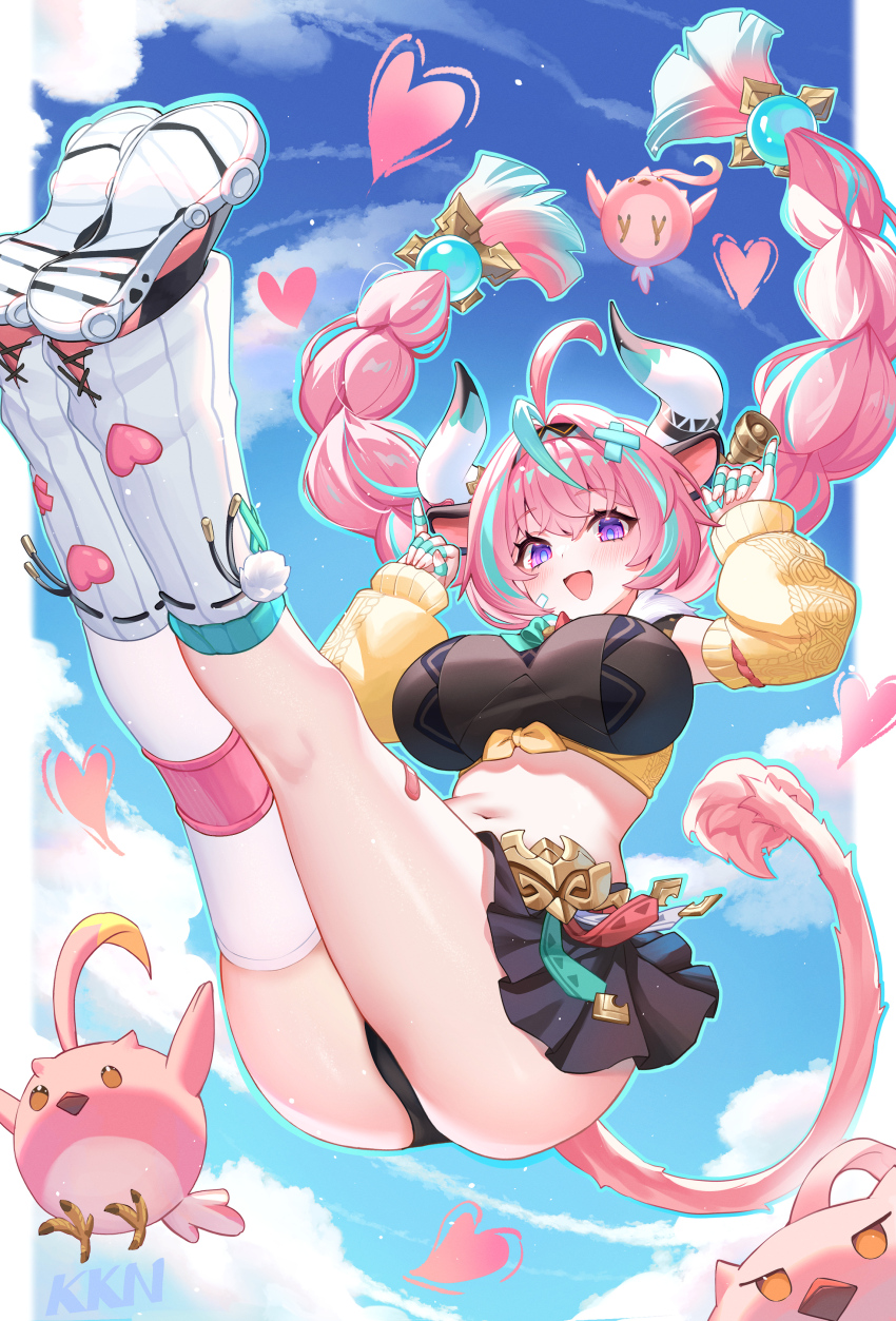 1girl :d absurdres ahoge animal_ears aqua_hair blue_sky braid cloud cow_ears cow_girl cow_horns cow_tail ear_bell full_body genshin_impact hair_bun heart highres horns lalazyt leg_warmers long_hair looking_at_viewer navel open_mouth pink_hair purple_eyes shoes single_thighhigh sky smile solo stomach tail thighhighs thighs twin_braids varesa_(genshin_impact) white_leg_warmers white_thighhighs