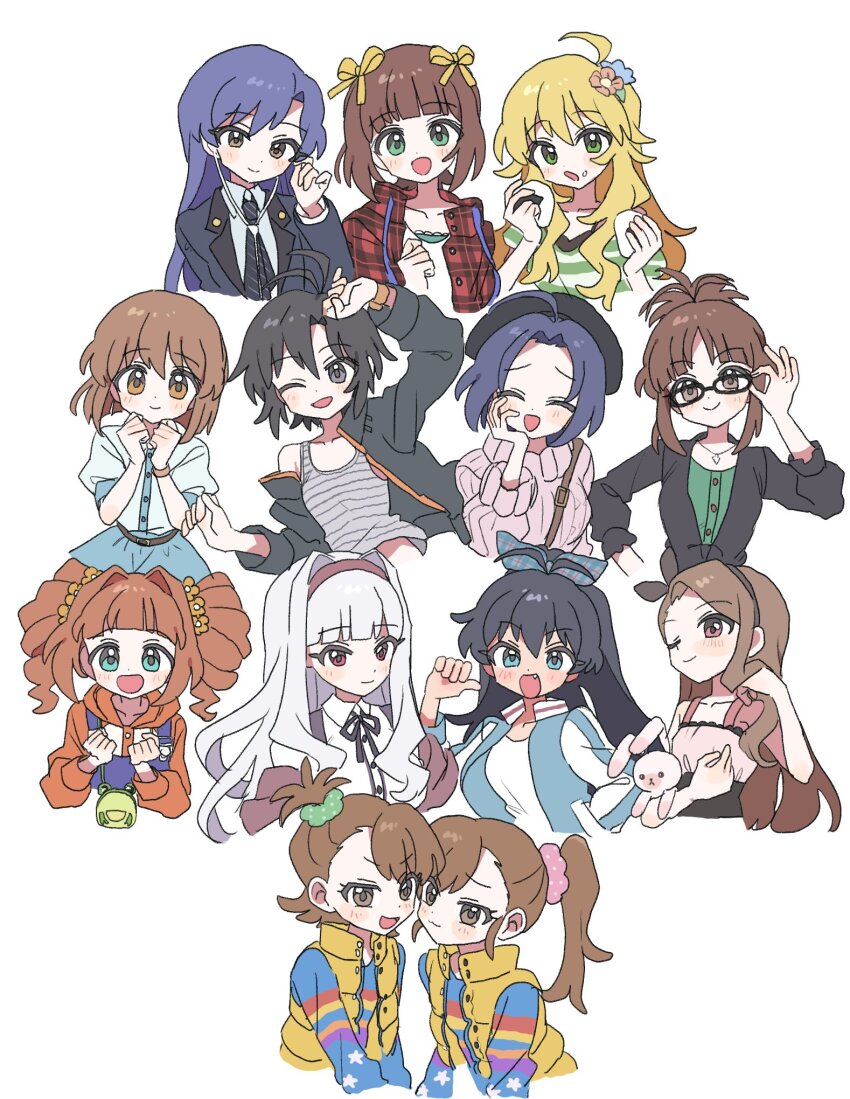 6+girls adjusting_eyewear ahoge akizuki_ritsuko amami_haruka antenna_hair arm_up beret black_eyes black_hair black_hairband black_hat black_jacket black_necktie blonde_hair blue_eyes blue_hair blush brown_eyes brown_hair closed_eyes closed_mouth collared_shirt commentary cropped_torso diagonal-striped_clothes diagonal-striped_necktie earbuds earphones flower folded_ponytail food futami_ami futami_mami ganaha_hibiki glasses green_eyes green_scrunchie grey_hair grey_tank_top hagiwara_yukiho hair_flower hair_ornament hair_ribbon hair_scrunchie hairband hand_on_own_face hand_up hands_up hat highres holding holding_food holding_stuffed_toy hood hood_down hoshii_miki idolmaster idolmaster_(classic) jacket kikuchi_makoto kisaragi_chihaya long_hair long_sleeves minase_iori miura_azusa multiple_girls necktie one_eye_closed onigiri open_clothes open_jacket open_mouth pink_scrunchie pink_sweater plaid_clothes plaid_jacket pnt_0202 ponytail purple_eyes purple_hairband red_jacket ribbed_sweater ribbon scrunchie shijou_takane shirt short_hair short_sleeves siblings side_ponytail simple_background sisters smile striped_clothes striped_shirt stuffed_animal stuffed_rabbit stuffed_toy sweater takatsuki_yayoi tank_top turtleneck turtleneck_sweater twins twintails usa-chan_(idolmaster) white_background yellow_ribbon
