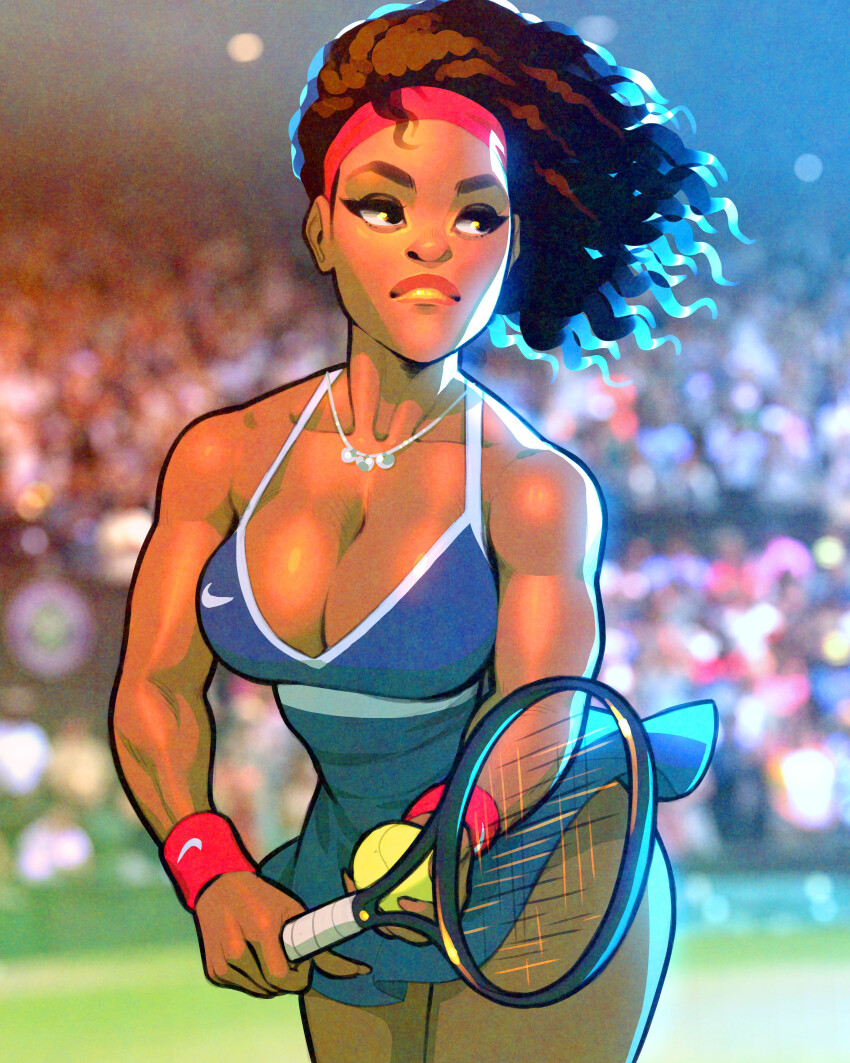 1girl absurdres ball blurry blurry_background breasts cleavage closed_mouth collarbone cowboy_shot dark-skinned_female dark_skin headband highres jewelry large_breasts looking_to_the_side necklace racket real_life serena_williams solo sykosan tennis_ball tennis_racket