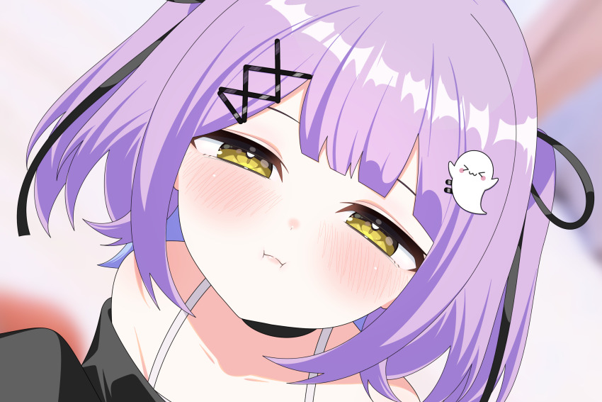 1girl :i black_ribbon blush close-up closed_mouth ghost_hair_ornament hair_ornament hair_ribbon highres looking_at_viewer omas_lie pout purple_hair ribbon shinomiya_runa solo two_side_up virtual_youtuber vspo! x_hair_ornament yellow_eyes
