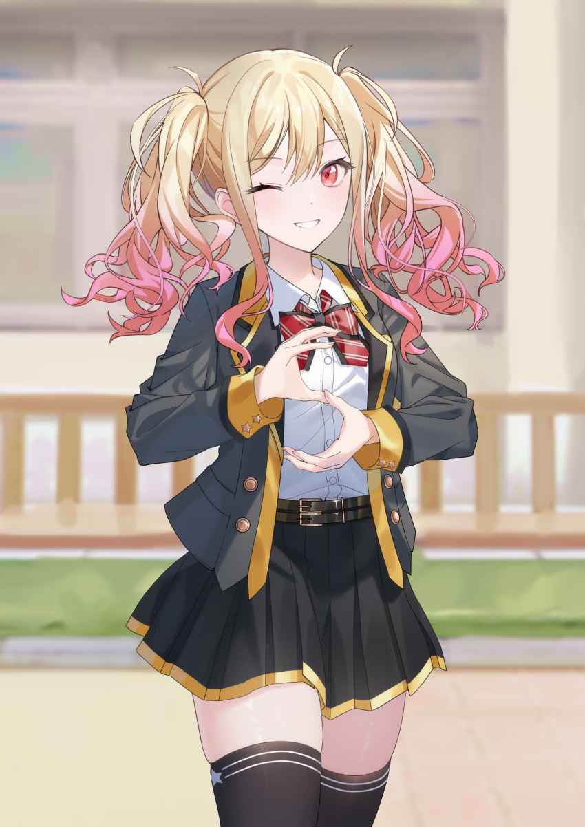 1girl absurdres black_skirt black_thighhighs blonde_hair bow bowtie collared_shirt gold_trim gradient_hair grey_jacket grin highres jacket long_hair long_sleeves looking_at_viewer miniskirt multicolored_hair one_eye_closed open_clothes open_jacket pink_hair pleated_skirt project_sekai red_eyes school_uniform shirt shirt_tucked_in skirt smile solo tenma_saki thighhighs timmoo twintails two-tone_hair white_shirt zettai_ryouiki
