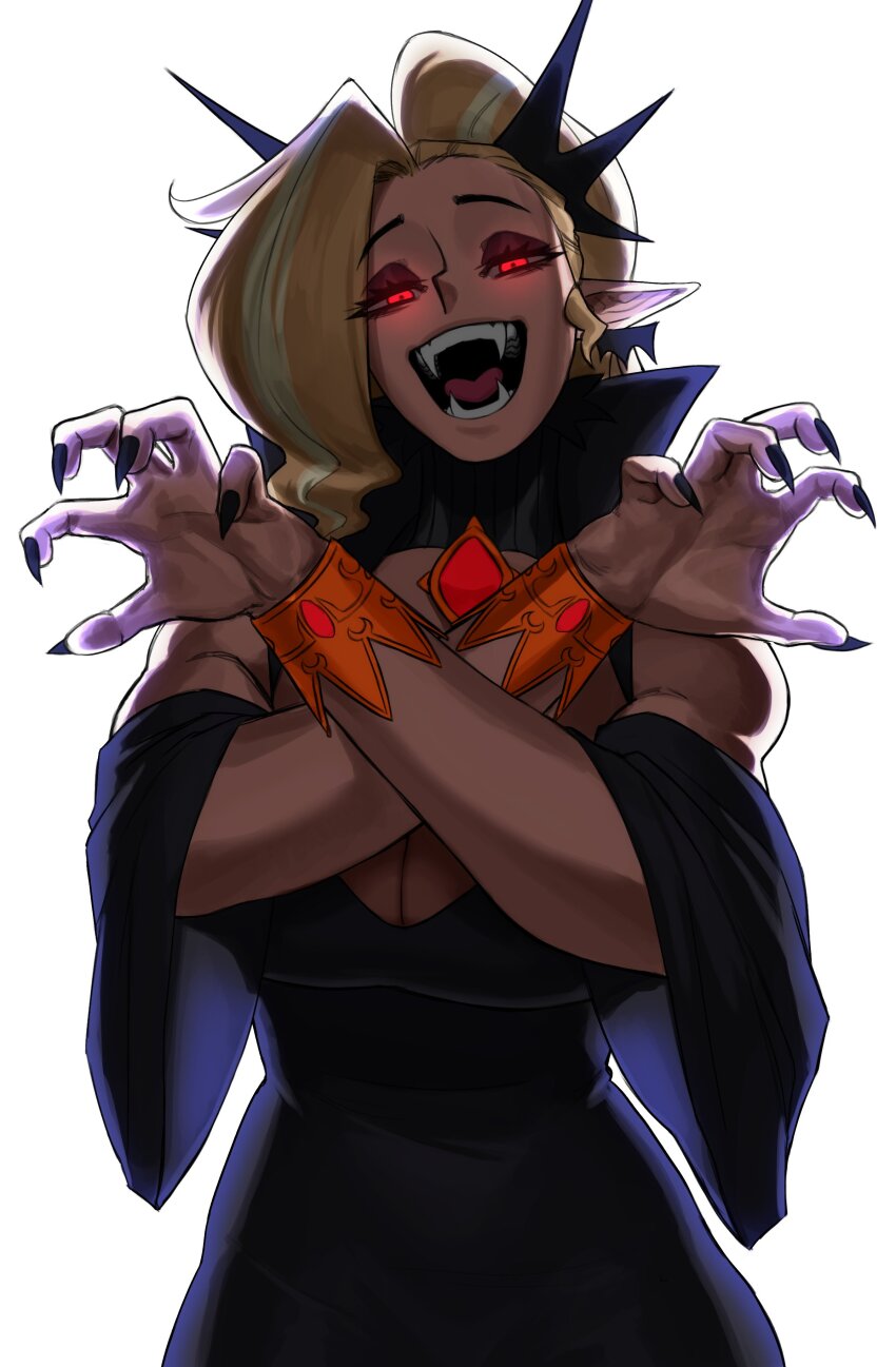 1girl absurdres black_crown black_dress black_nails blonde_hair borrowed_character breasts cleavage crown dress glowing glowing_eyes highres large_breasts looking_at_viewer miss_feratu_(gingrjoke) multicolored_hair open_mouth original pointy_ears sotcho streaked_hair vampire white_hair