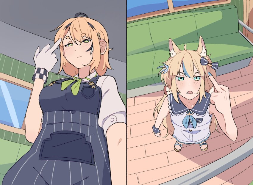 2girls addendium ahoge animal_ear_fluff animal_ears black_hair blonde_hair blue_eyes blue_hair blue_nails blue_overalls blue_sailor_collar bow cat_ears collarbone dooby_(vtuber) dress gloves green_eyes hair_bow hair_ornament height_difference highres indie_virtual_youtuber long_hair looking_down looking_up middle_finger multicolored_hair multiple_girls nail_polish one_side_up overalls sailor_collar sameko_saba short_eyebrows short_hair sleeveless sleeveless_dress streaked_hair thick_eyebrows train_interior very_long_hair virtual_youtuber white_gloves