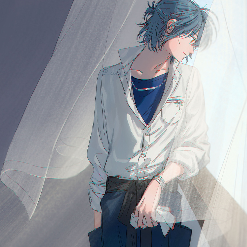 1boy absurdres adam&#039;s_apple apron blue_apron blue_undershirt bracelet buttons closed_mouth coke_6 collarbone cowboy_shot curtains facing_to_the_side half_updo handkerchief highres holding holding_handkerchief indoors jewelry leaning_to_the_side light_smile looking_down mahoutsukai_no_yakusoku male_focus medium_hair necklace nero_turner ponytail popped_collar see-through_curtains shirt short_ponytail sidelighting solo standing straight_hair waist_apron white_shirt wind yellow_eyes