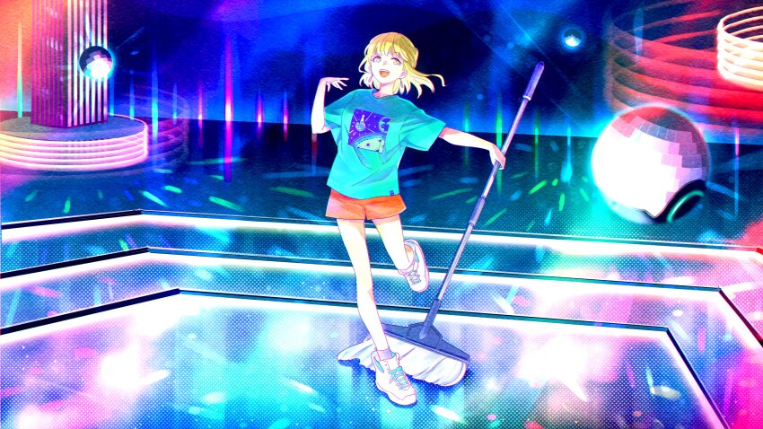 1girl :d absurdres akroglam blonde_hair blue_shirt commentary_request dance_floor dancing disco_ball eno_(akroglam) full_body highres holding holding_mop looking_at_viewer mop open_mouth orange_shorts shirt shoes short_hair short_sleeves shorts smile sneakers solo standing standing_on_one_leg t-shirt white_shoes yellow_eyes