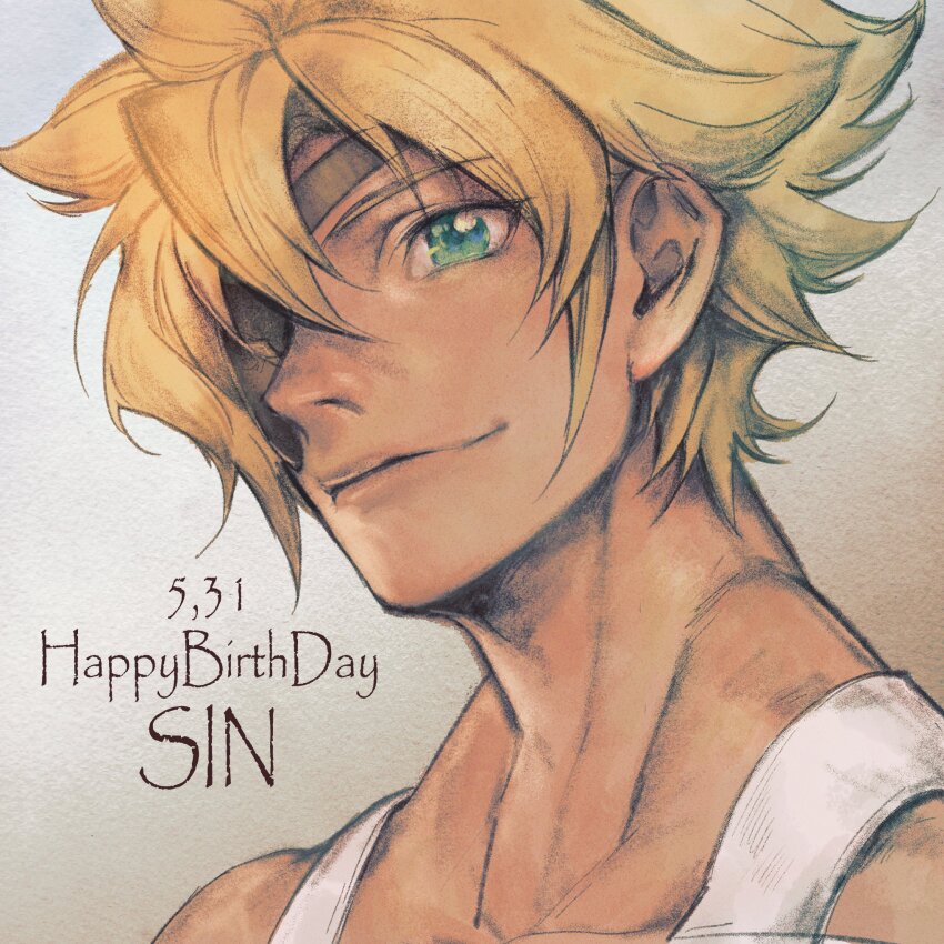 1boy bare_shoulders blonde_hair blue_eyes character_name closed_mouth commentary_request dated english_text eyepatch guilty_gear happy_birthday highres kin_mokusei male_focus muscular one_eye_covered portrait sin_kiske smile solo spiked_hair tank_top white_tank_top
