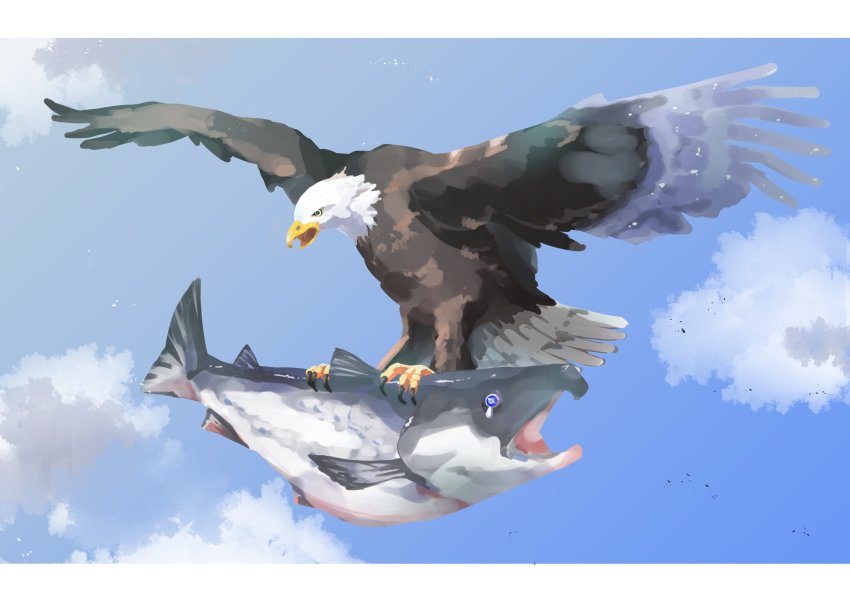 animalization bald_eagle bird blue_eyes blue_sky cloud eagle fish flying highres kamikoshi_sorawo name_connection nishina_toriko no_humans nro salmon_(fish) sky tears urasekai_picnic