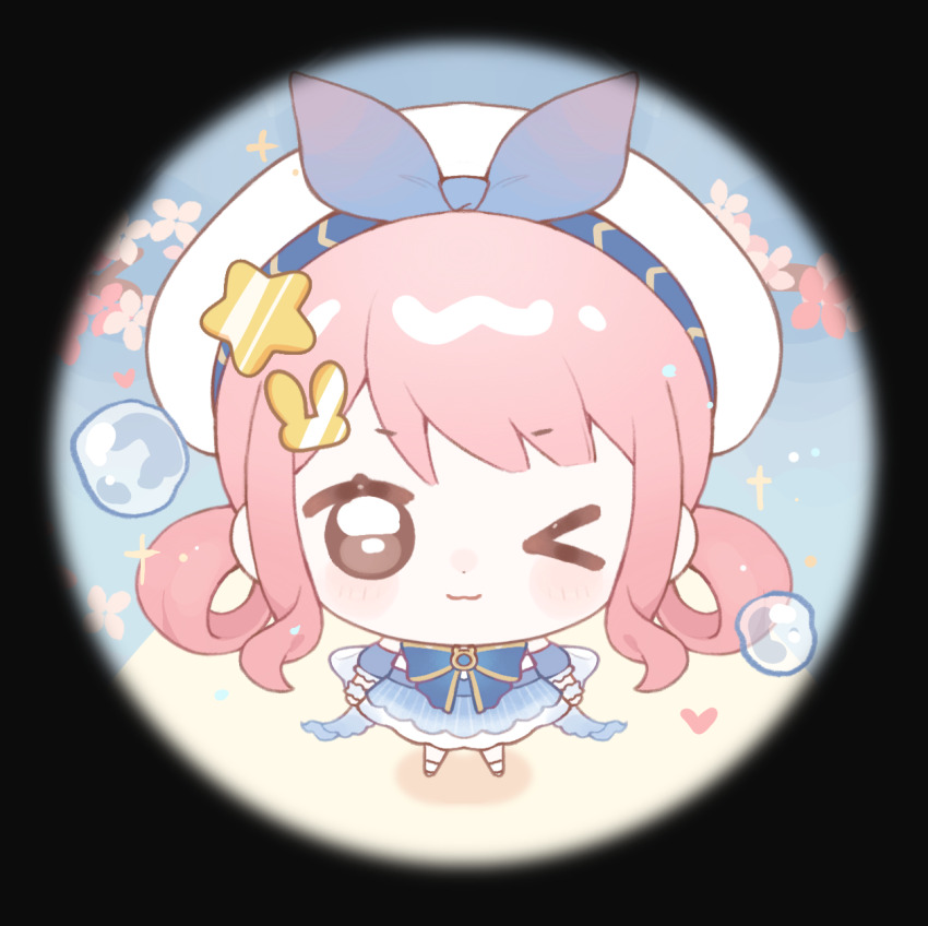 &gt;_o 1girl ;3 back_bow baonu_de_zhanshen_caibutou bare_shoulders beret black_shoes blue_bow blue_bowtie blue_brooch blue_dress blue_sky blue_sleeves blush_stickers bow bow_choker bowtie branch brown_eyes bubble bubbly_voyage_(infinity_nikki) cherry_blossoms chibi chinese_commentary choker closed_mouth commentary_request day detached_sleeves dot_nose dress eyelashes flower frilled_dress frilled_sleeves frills hair_ornament hair_rings hairclip happy hat hat_bow heart highres infinity_nikki large_bow light_particles long_hair meme meme_request nikki_(nikki) nikki_(series) one_eye_closed outdoors pink_flower puffy_short_sleeves puffy_sleeves rabbit_hair_ornament shadow shoes short_dress short_sleeves sky smile socks solo sparkle star_(symbol) star_hair_ornament straight-on strapless strapless_dress striped_clothes striped_dress textless_version vertical-striped_clothes vertical-striped_dress white_hat white_socks