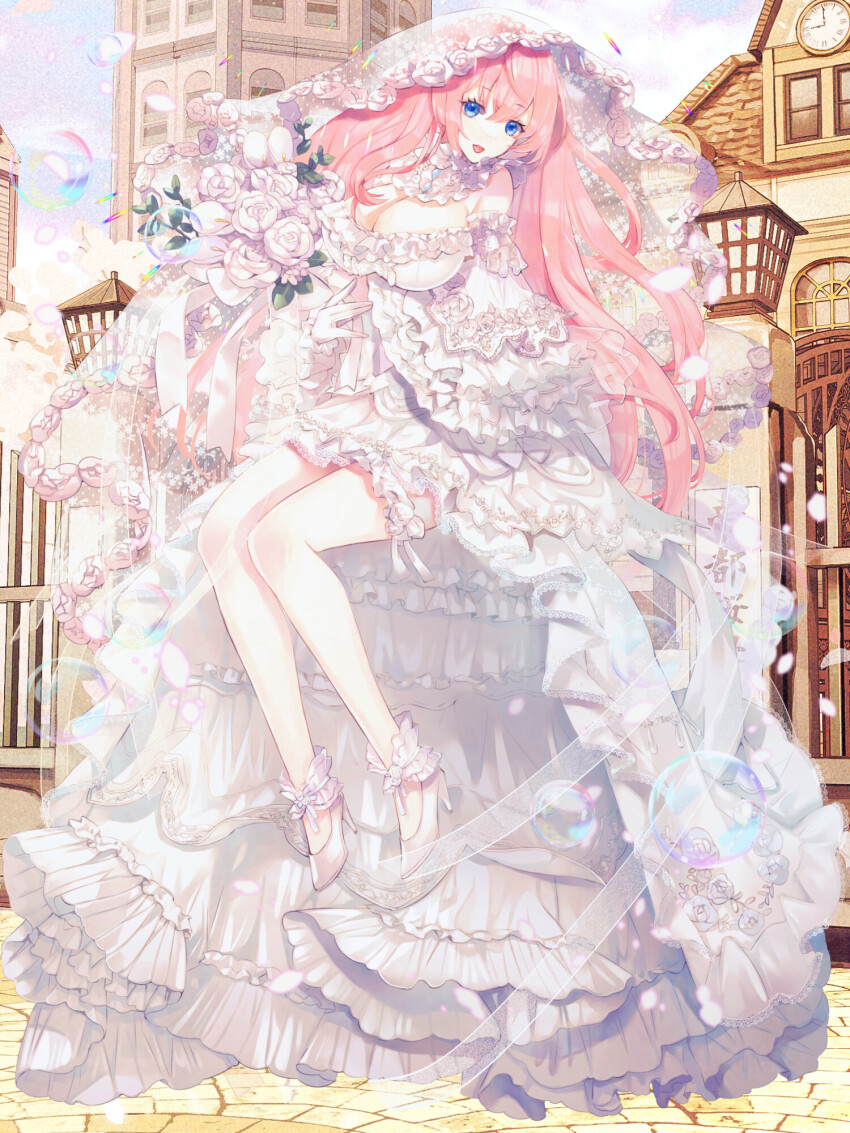 1girl :d ankle_garter bare_shoulders blue_eyes bouquet breasts bridal_veil bride bubble building calla_lily cleavage clona collar dairoku_ryouhei detached_sleeves dress dress_flower flower flower_trim frilled_collar frilled_dress frilled_sleeves frilled_thigh_strap frills full_body gloves hair_between_eyes high-low_dress high-low_skirt high_heels highres holding holding_bouquet invisible_chair large_breasts long_dress long_hair long_sleeves looking_at_viewer looking_to_the_side messiah_elneige open_mouth outdoors pink_hair rose sitting smile solo strapless strapless_dress thigh_strap veil wedding_dress white_collar white_dress white_flower white_footwear white_gloves white_rose