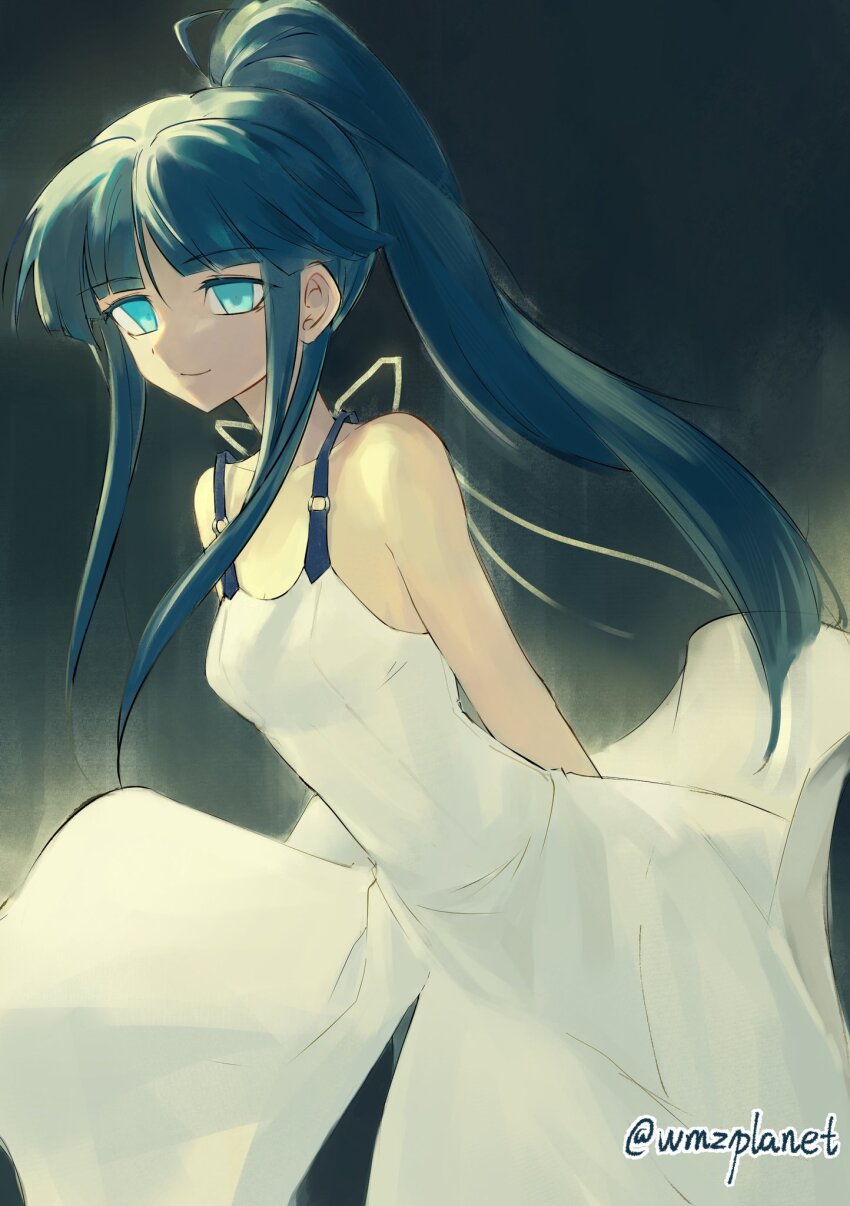 1girl aqua_eyes arms_behind_back back_ribbon backless_dress backless_outfit blue_hair blunt_bangs breasts dress empty_eyes floating_clothes highres leaning_forward light_smile long_hair minato_hikaru pandemonic_planet_(wmzplanet) ponytail ribbon sidelocks simple_background sleeveless sleeveless_dress small_breasts soukou_akki_muramasa very_long_hair white_dress white_ribbon