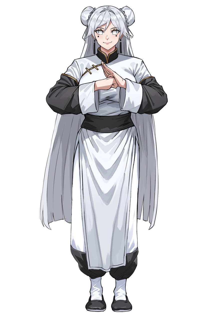 1girl absurdres ai-assisted bun_cover changpao china_dress chinese_clothes double_bun dress earrings fighting fighting_stance hair_bun highres jewelry kokoro_no_koibito kung_fu long_hair long_sleeves martial_arts original palm-fist_greeting self-upload smile solo standing training white_dress white_hair