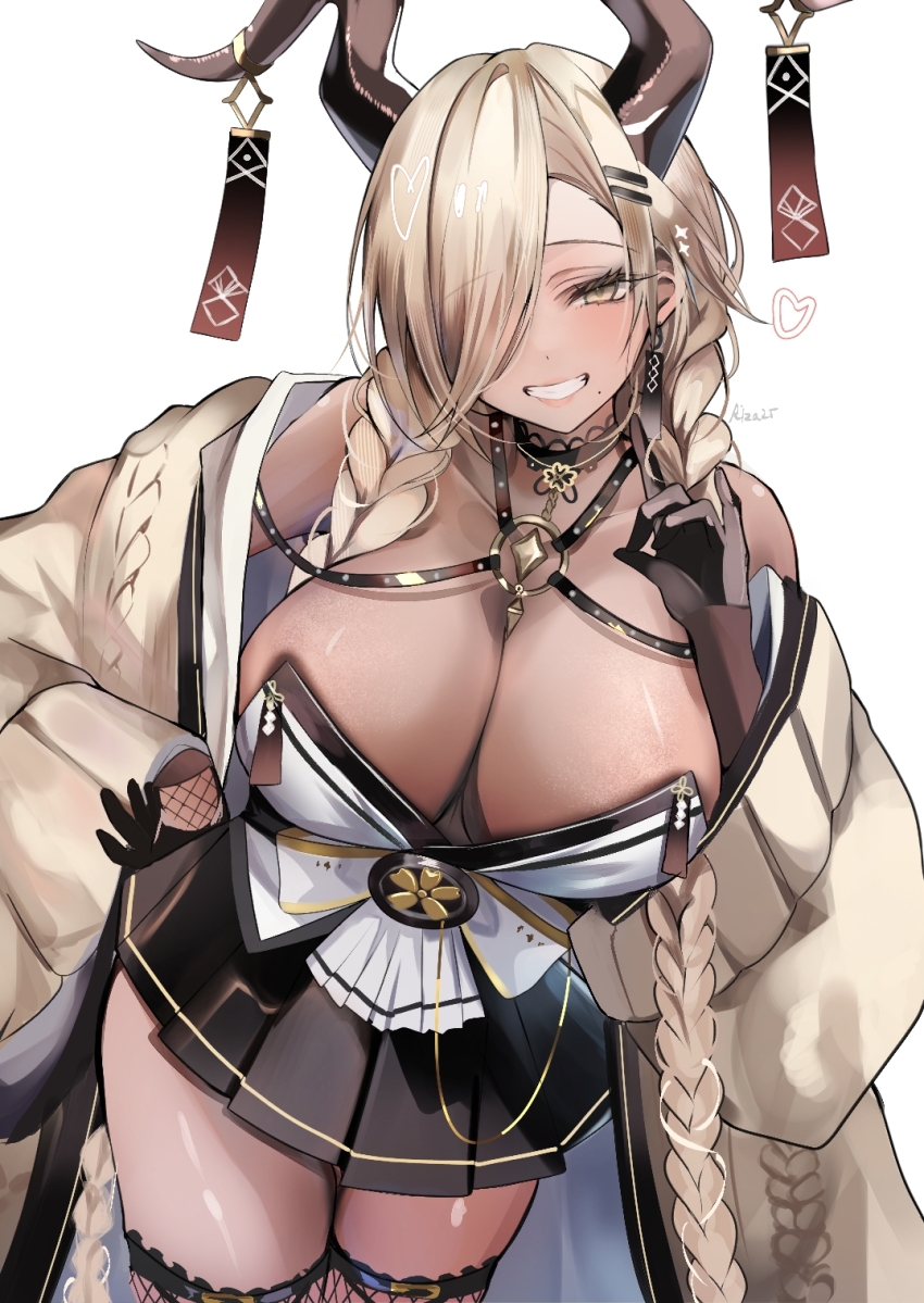 1girl asymmetrical_bangs azur_lane black_horns braid breasts brown_horns cardigan cleavage dark-skinned_female dark_skin hands_on_own_hips heart highres horn_ornament horns huge_horns large_horns long_bangs long_hair low_twin_braids miniskirt mole mole_under_mouth owari_(azur_lane) pleated_skirt ribbed_cardigan riza_(tomoriza_25252) skirt smile solo strapless_kimono tassel twin_braids white_background