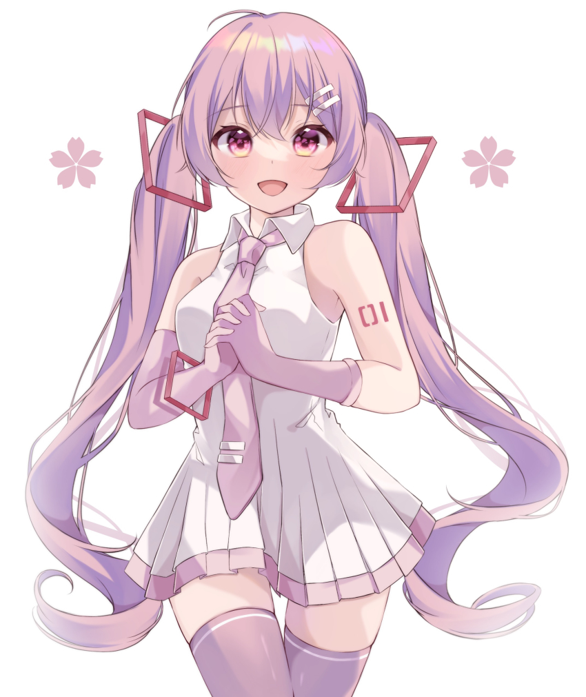 1girl absurdres asymmetrical_gloves bare_shoulders bracelet cherry_blossoms commentary cowboy_shot dress elbow_gloves gloves hair_ornament hairclip hatsune_miku highres interlocked_fingers jewelry long_hair looking_at_viewer necktie number_tattoo open_mouth own_hands_together pink_gloves pink_hair pink_necktie pink_thighhighs pleated_dress sakura_miku shirt shoulder_tattoo sk_duki skindentation sleeveless sleeveless_shirt smile solo standing tattoo thighhighs twintails uneven_gloves very_long_hair vocaloid sour_model_(mikumikudance) white_background white_shirt zettai_ryouiki