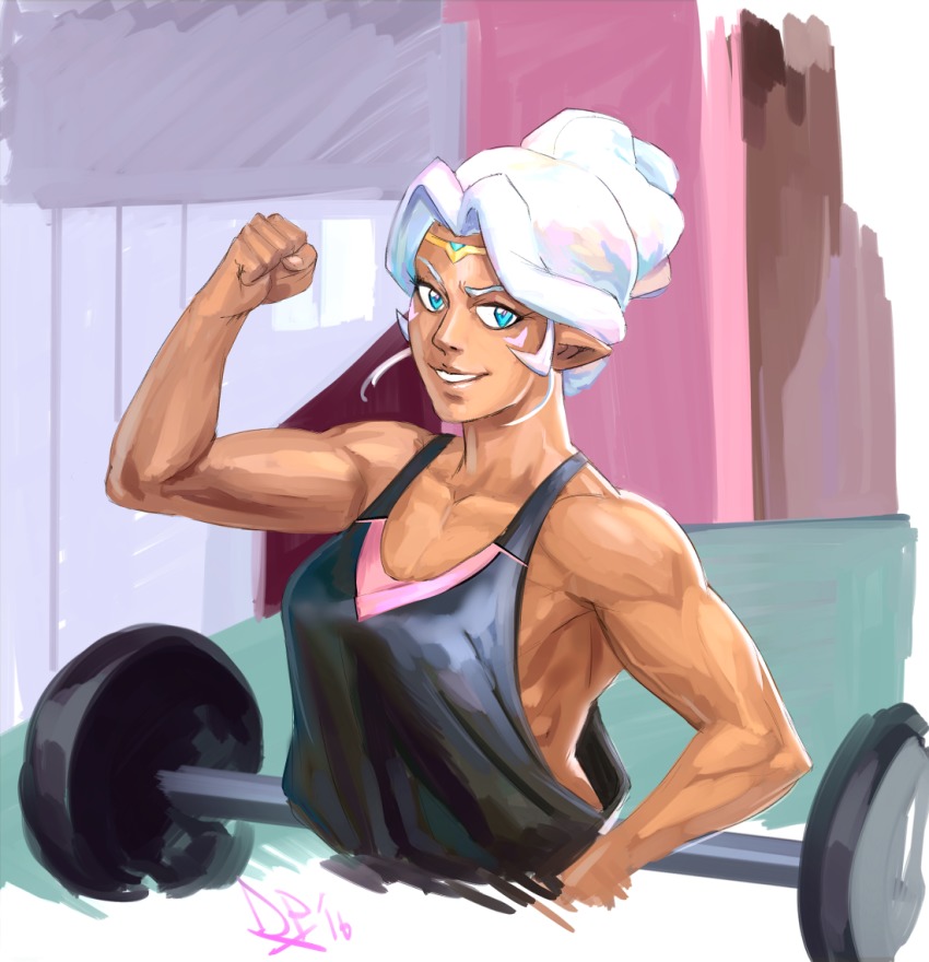 1girl barbell biceps breasts circlet clenched_hand commentary dark-skinned_female dark_skin diepod facial_mark female_focus fist_pump hyakujuu-ou_golion medium_breasts muscular muscular_female pointy_ears princess_allura short_hair sidelocks smile solo tank_top upper_body voltron:_legendary_defender voltron_(series) weights white_hair