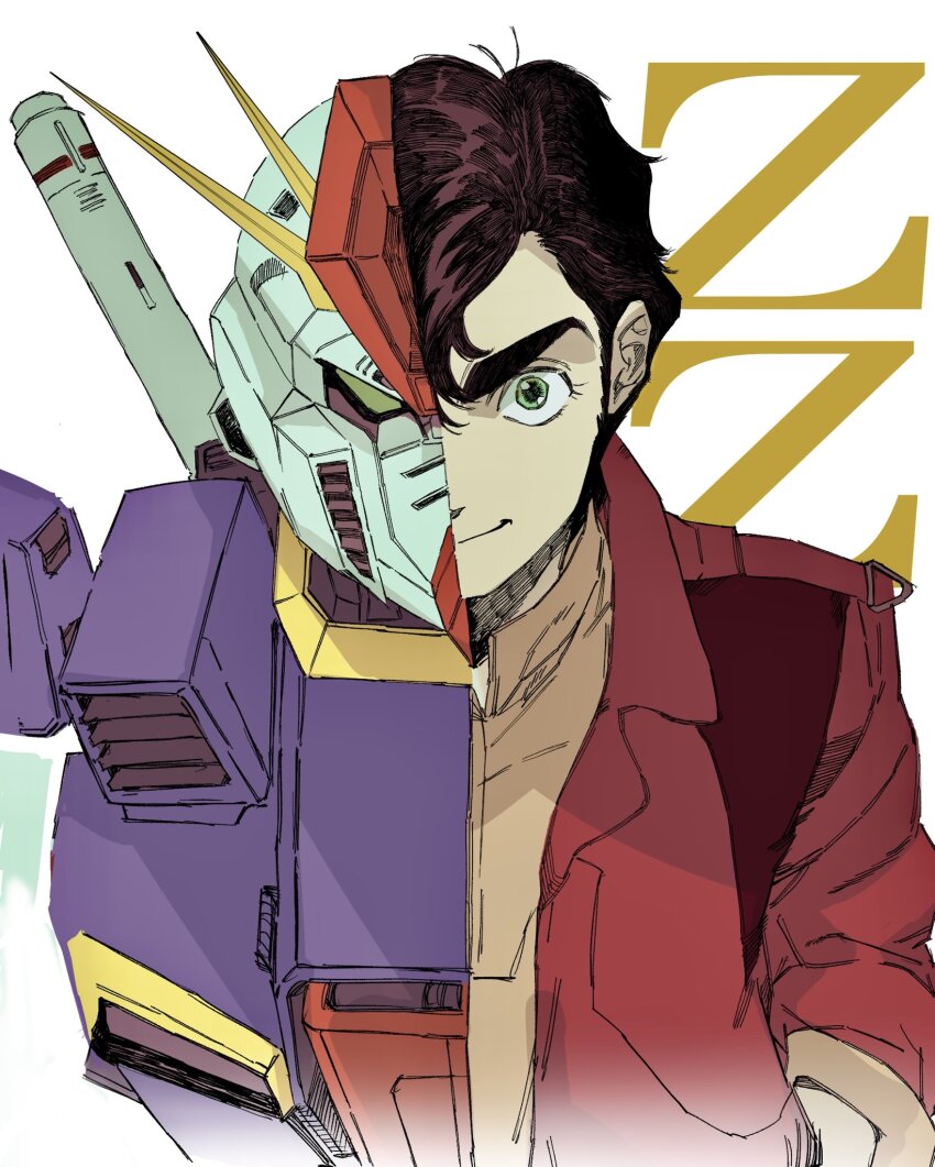 1boy baegopayohungry brown_hair brown_shirt closed_mouth green_eyes gundam gundam_zz highres jacket judau_ashta looking_at_viewer male_focus mecha mobile_suit open_clothes open_jacket red_jacket robot shirt short_hair simple_background smile thick_eyebrows upper_body v-fin white_background zz_gundam