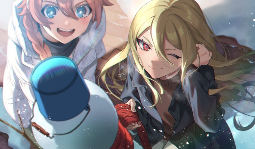 2boys afuro_terumi androgynous black_jacket blonde_hair blue_eyes braid brown_sweater bucket dolustoy heruse_arisu highres inazuma_eleven_(series) inazuma_eleven_ares_no_tenbin jacket long_hair male_focus multiple_boys one_eye_closed open_mouth orange_hair red_eyes red_scarf scarf single_braid snow snowing snowman sweater white_jacket