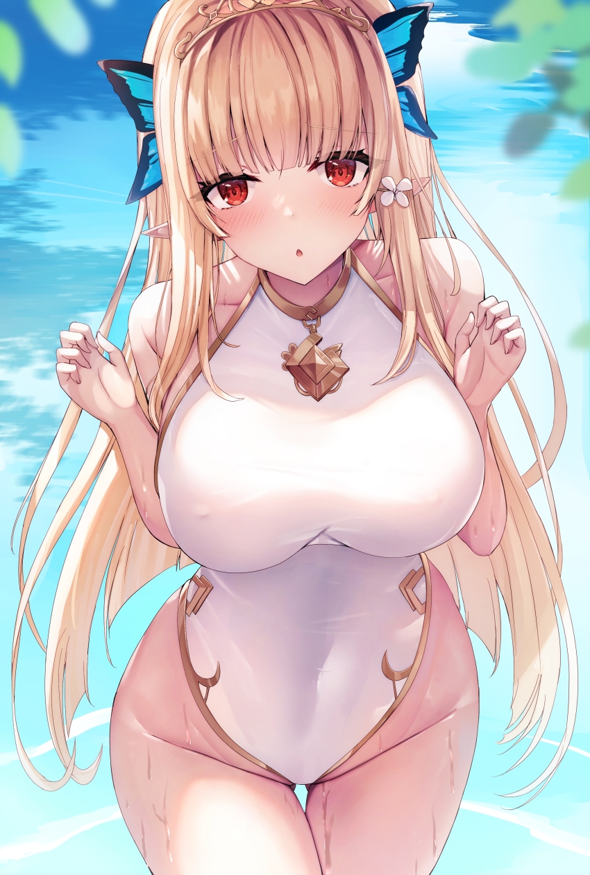 1girl absurdres bare_shoulders blonde_hair blurry blurry_background blush breasts butterfly_hair_ornament covered_erect_nipples covered_navel elf flower hair_flower hair_ornament highleg highres large_breasts liya long_hair looking_at_viewer one-piece_swimsuit original pointy_ears red_eyes solo swimsuit tiara variant_set white_one-piece_swimsuit
