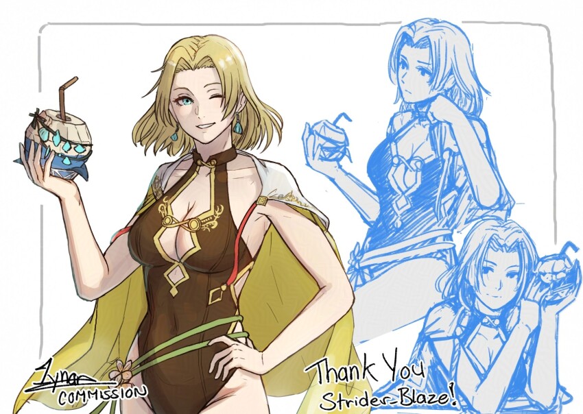 1girl blonde_hair breasts brown_one-piece_swimsuit cleavage coconut_cup fire_emblem fire_emblem:_the_sacred_stones fire_emblem_heroes grin hand_on_own_hip highres large_breasts looking_at_viewer lynarc nintendo official_alternate_costume one-piece_swimsuit one_eye_closed selena_(fire_emblem:_the_sacred_stones) selena_(summer)_(fire_emblem:_the_sacred_stones) short_hair smile solo swimsuit